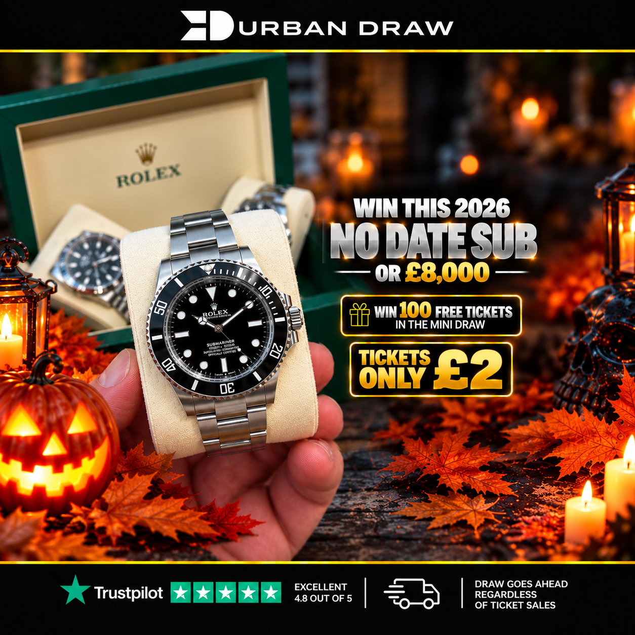 👻 NO TRICKS, JUST A ROLEX WIN a 2026 Submariner ‘No Date’ for £2 OR £8k cash 👻